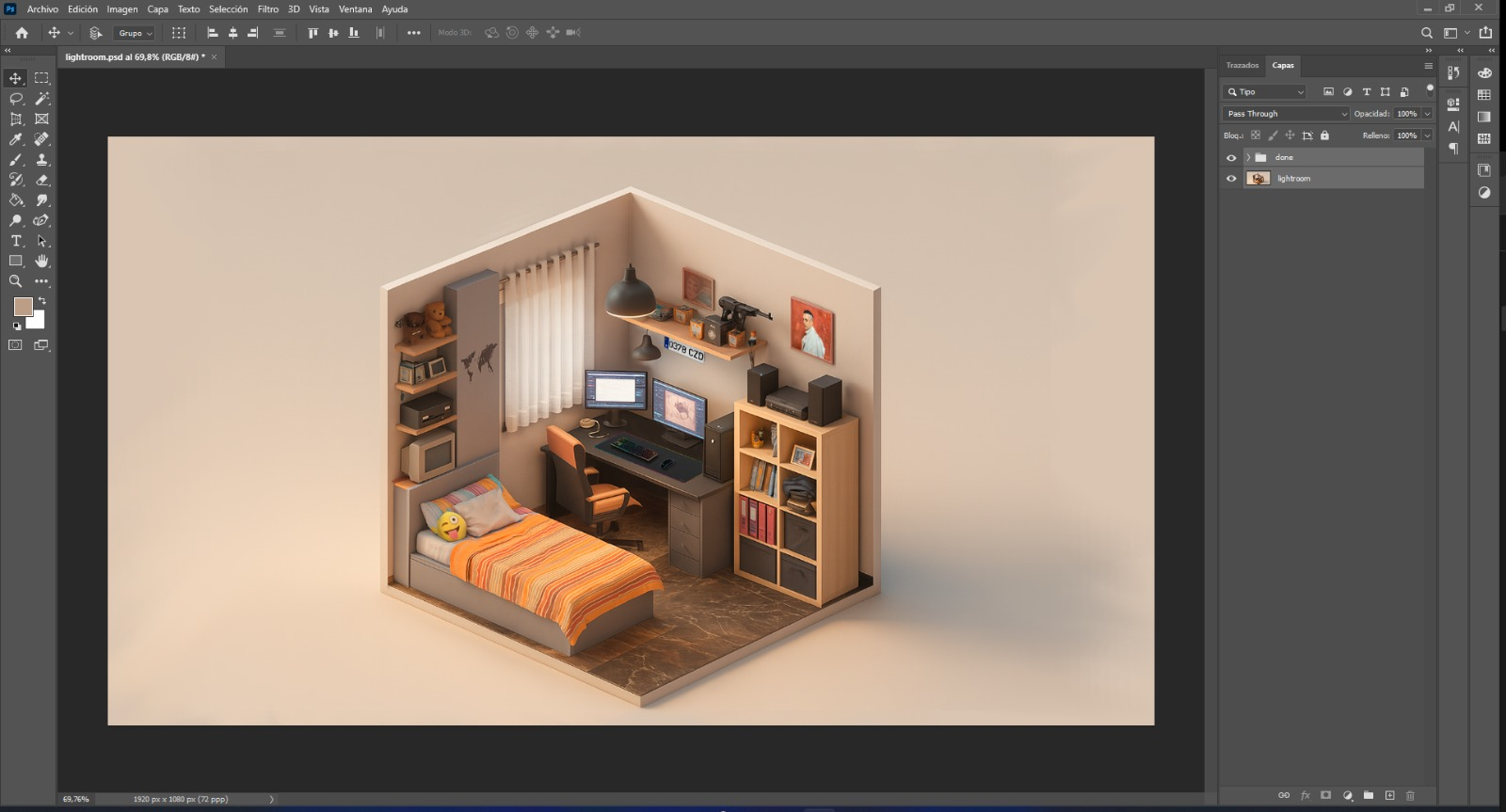 Proceso de retoque en Photoshop para perfeccionar el render isométrico